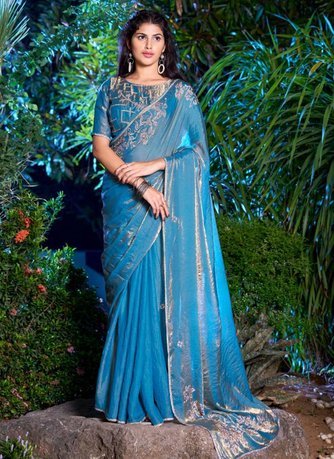 Sattin Silk Sky Blue Wedding Wear Hand Work Saree